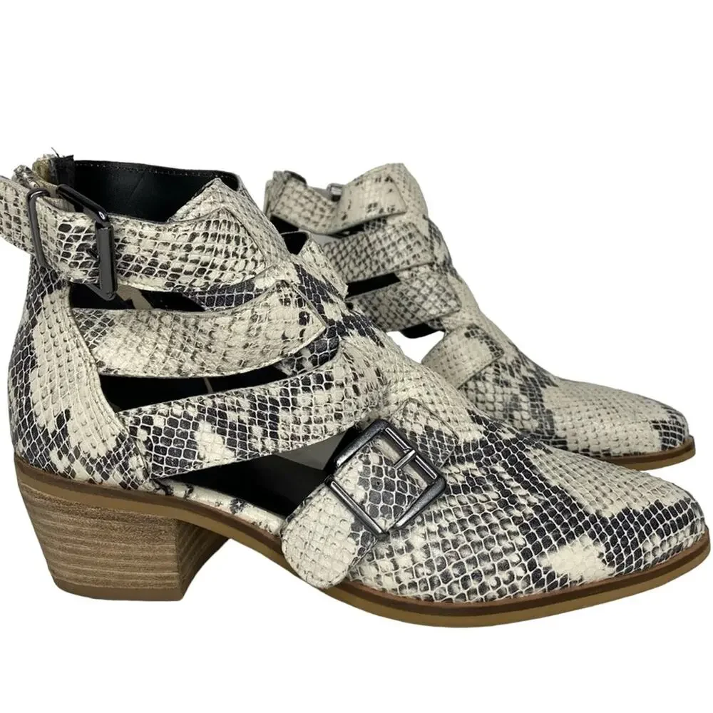 New Crevo Python Snakeskin Ankle Boots Cream Leather Cutout Heeled Bootie 7.5